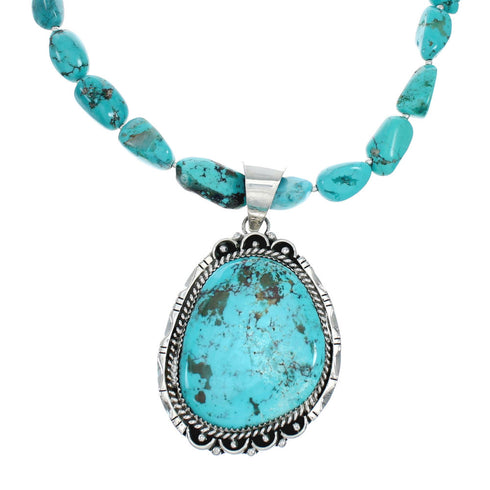 Navajo Turquoise Sterling Silver Bead Necklace And Pendant Set X10850